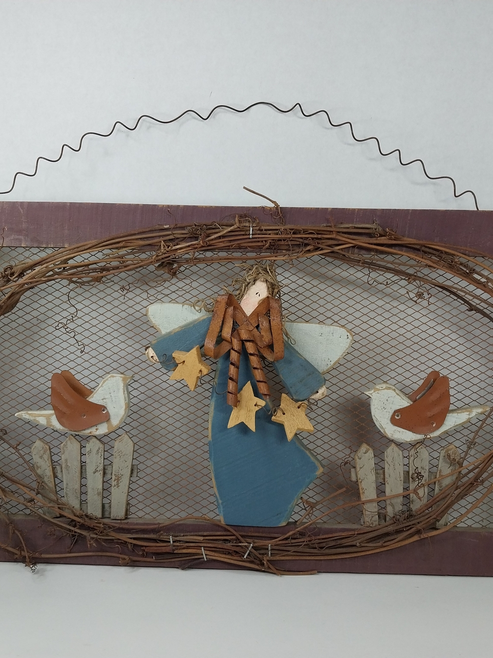 Handmade Rustic Wood Framed Angel Folk Art 10x17" Primitive Country Wall Hanging